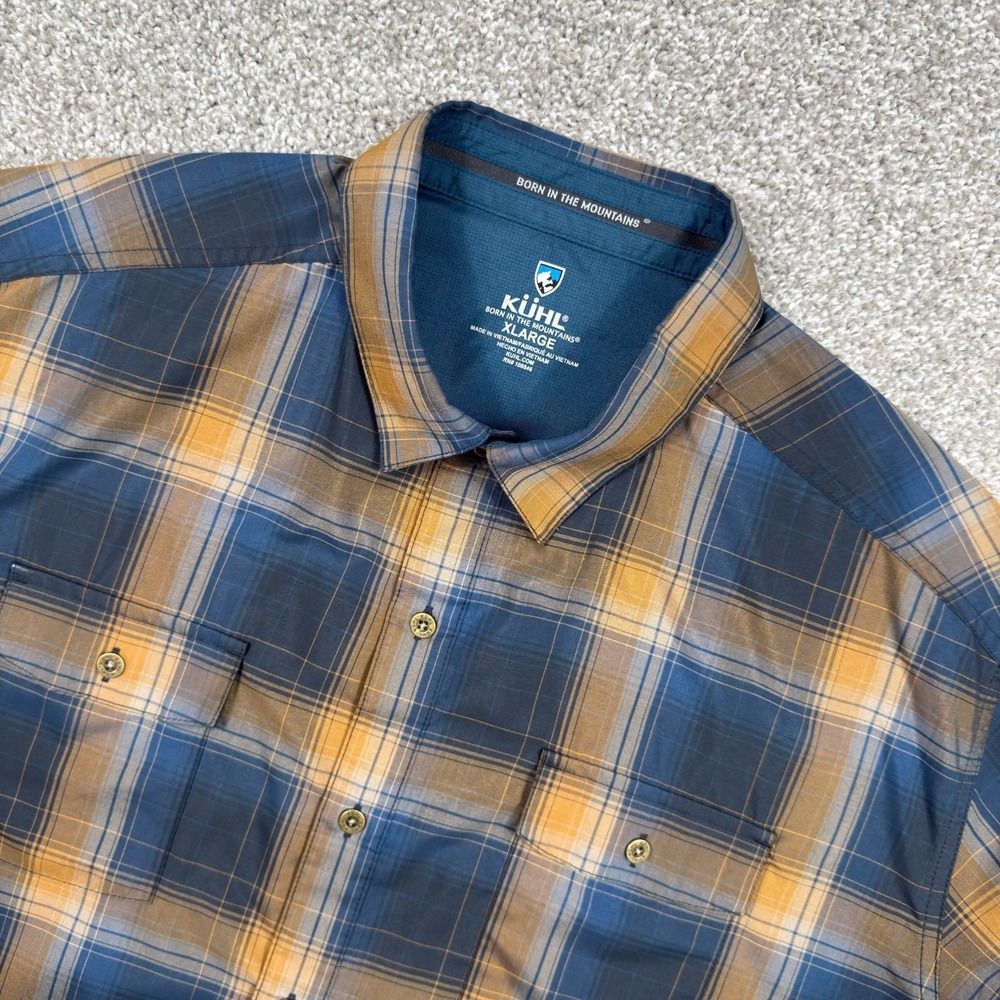 Kuhl Response Shirt Men's XL Blue Gold Plaid Short Sleeve Hiking 7153